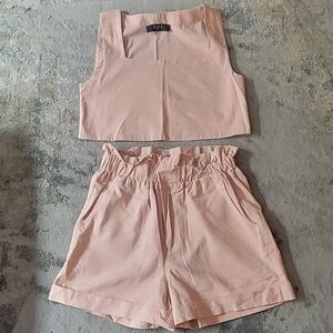 Pink Sleeveless Silk/Linen Crop Tank Set